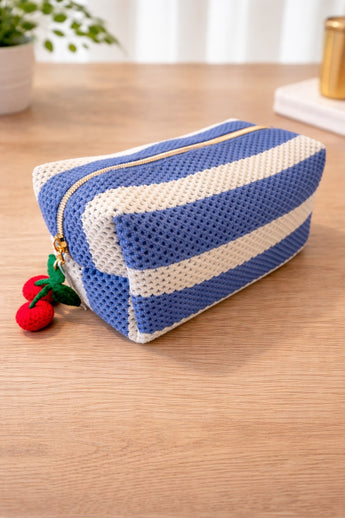 New Blue & White Stripped Makeup Bag Nylon Mesh Cosmetic Bag W/ Cherry Zipper