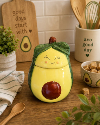New Ceramic Smiling Avacado W/ Pit Sugar Jar Kawaii Kitchen Decor Container
