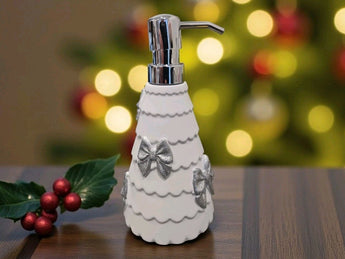 New White / Silver Christmas Tree W/ Bows Soap Dispenser Decoration