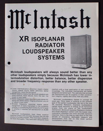 Vtg Mcintosh XR Isoplanar Speaker Information Product Guide SALES BROCHURE