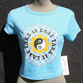 New Women's Blue Daisys YIN YANG Groovy Retro Crop Top Emo Girl Indie Core