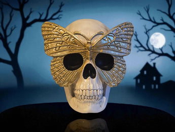 New Large Gold / Tan Skull W/ Butterfly Glasses Eyes Halloween Figurine Statue