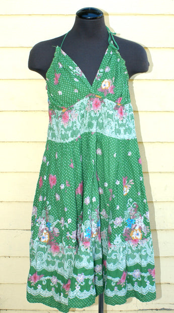 Womans SMALL Green / Floral WESTERN V-Chest Dress / Ties at Neck