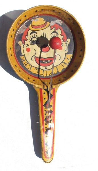 Vintage Metal Life of the Party Clown Tin Noise Maker Paddle