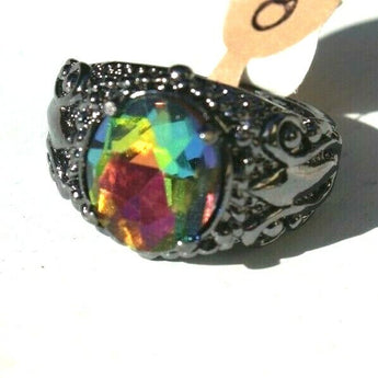 Vintage Art Nouveau Black Gaudy Cocktail Rainbow Gemstone Ring Sz 8