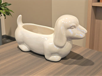 New White Dachshund Dog Ceramic Indoor Outdoor Planter Catus Succulent Pot