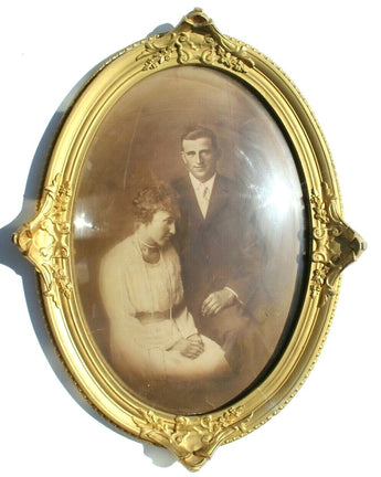RARE Antique Large Oval GOLD Victorian Wood Frame Convex Domed Bubble Glass