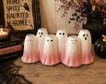 New Ceramic Halloween Spooky White W/ Pink Ghost Family 6 Candle Holder Decor