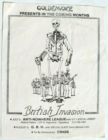 Vtg 1980s British Invasion Anti-Nowhere League Punk Rock Concert Flyer