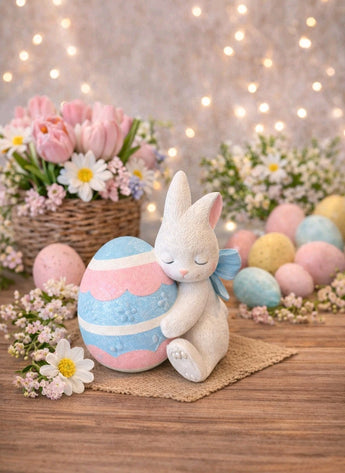 New Resin Pink / Blue Glitter Holiday Decorative Easter Bunny Hugging An Egg