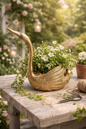New Gold Metal Hollywood Regency Mini Swan Planter Room Decor Figurine Figure