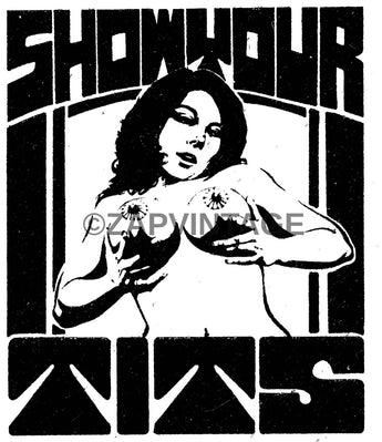Vtg 1960s Black & White Funny Girl Show Your Tits Man Cave Ad Logo Photo #2821