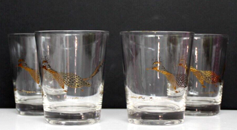 4 Vintage MCM Brown Pheasants Bird Glass Whiskey Barware Glass Tumblers Cups