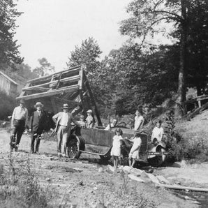 Vtg 1920's B&W Photo Family Next To A Collapsed Train Railroad To Take Out Coal