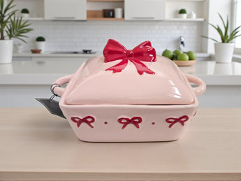 New Holiday Cute Pink / Red Bow 9in Baking Dish Loaf Pan Casserole Dish Bakeware