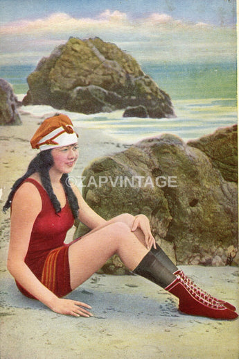 Vtg Art Deco 1900's Color Girl On Bathing Suit On Beach Art Print PHOTO #2706