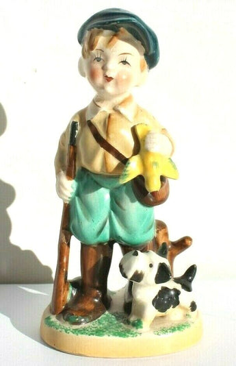 Vintage Figurine Boy and Dog Hunting A Duck Made in Occupied Japan