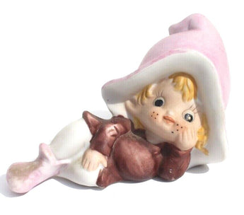 Vintage Big Bonnet Girl Laying Down Mid Century Porcelain Figure