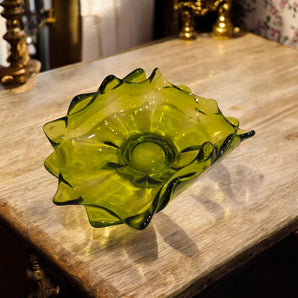 Vintage MCM Thick Large Ribbed Bent / Trifold GREEN Glass Ashtray Cigar Dish