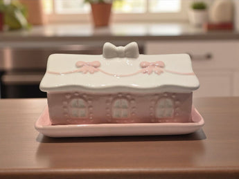 New Pink / White Ceramic Christmas Village Cottage House Bow Holiday Butter Dish