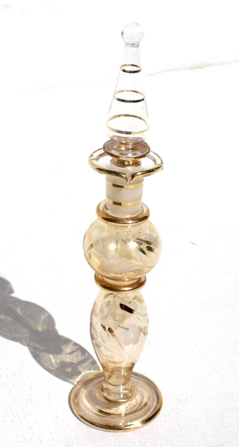 Vtg Antique Yellow Amber Glass Egyptian Bohemian Perfume Bottle W/ Stopper
