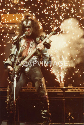 Vtg 1970s Gene Simmons On Stage / Concert Tour Preforming Kiss Music Photo #2204