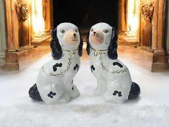 New Ceramic Pair (Staffordshire) Black & White Spaniel Dog Room Decor Art Deco