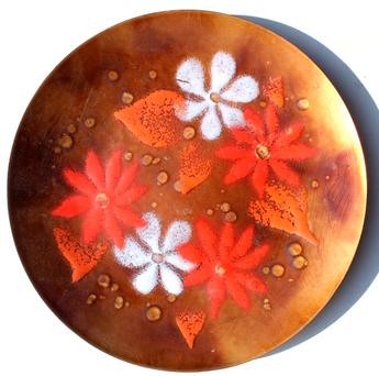 Vtg Copper Enameled Round Wall Decor Art Plate Gold W/ Orange & White Flowers