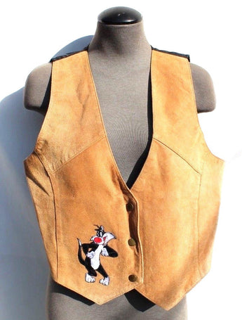Vintage Men's 1990s Brown Suede Vest W/ Sylvester The Cat Patch - Medium