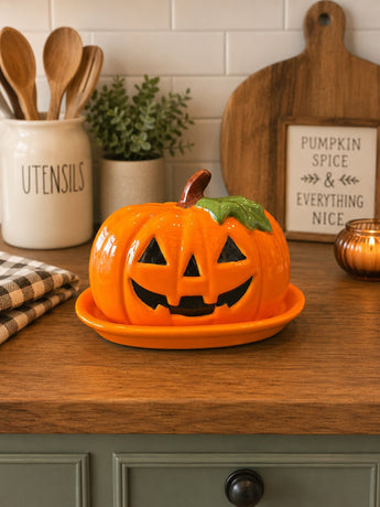 New Ceramic Orange Pumpkin Smiling Holiday Table Kitchen Butter Dish