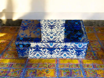 New Large Blue Mirror BOHO W/ Floral Luxe Gift Jewelry Storage Box