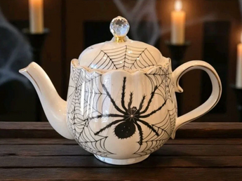 New Black / White & Gold Trim Spider Web Halloween Party Ceramic Tea Pot Teapot