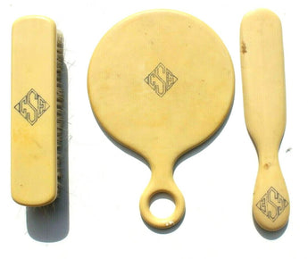 Vintage Bakelite Initial CSE Comb Brush Hand Mirror Shoe Horn Vanity Set
