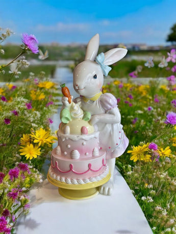 New 14” Sweet Treats Spring Pastel Easter Bunny Girl Figurine Decorating a Cake