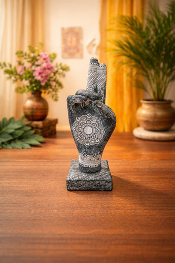 New Black & White Craved Etched India Buddha Peace Sign Hand Sculpture Figure