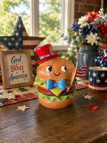 New Red Blue 4th of July Memorial Day Patriotic Cheeseburger W/ Flag Figurine