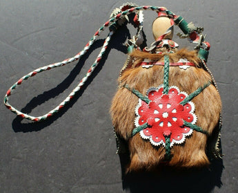 Vintage Hungarian Fur Leather / Embroidery Covered Water Canteen Flask W/ Strap