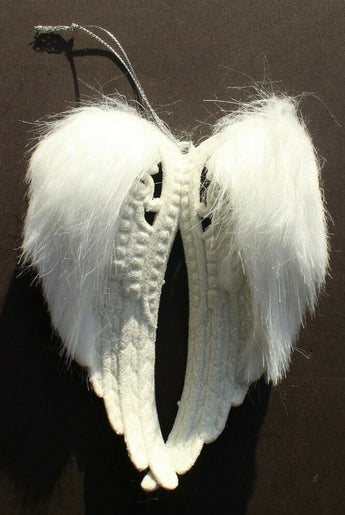 WHITE Glitter Hanging Angel Wings W/ Fur Christmas Tree Ornament Decoration