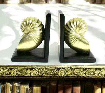 New Black & Gold Ammonite Resin / Wood Ammonite Bookends Room Decor Figurine
