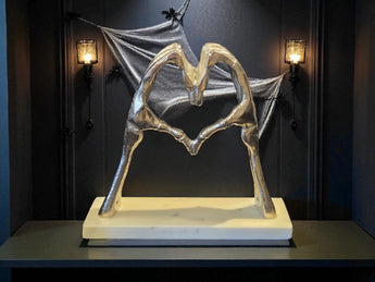 New LRG Metal Marble Skeleton Heart Hands Sculpture Love Halloween Holiday Decor