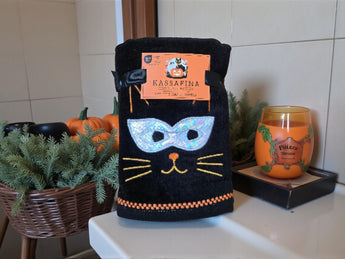 2 Black Orange Halloween Pumpkin Kitty Cat Hand Towels Cotton Embroidered