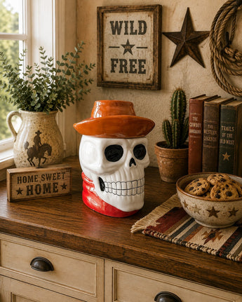 New Halloween Western Smiling Cowboy Skeleton W/ Hat Cookie Jar Kitchen