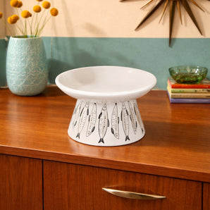 New MCM Brown Black Sardines Fish Ceramic Raised Cat Pedestal Food Bowl