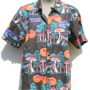 Mens Smilie Face Mushrooms Trippy Button Up Short Sleeve Collard Shirt Small