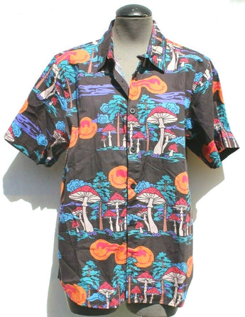 Mens Smilie Face Mushrooms Trippy Button Up Short Sleeve Collard Shirt Small