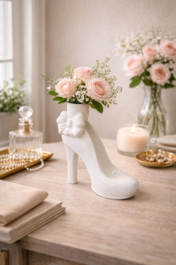 New White Ceramic High Heel Decorative Flower Table Vase Room Decor