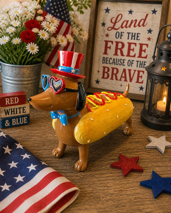 New Red Blue 4th of July Memorial Day Patriotic Hot Dog Dauchound Figurine