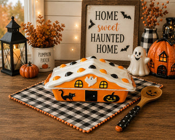 New Orange Ceramic Halloween Haunted House W/ Spreader Party BBQ Kitchen