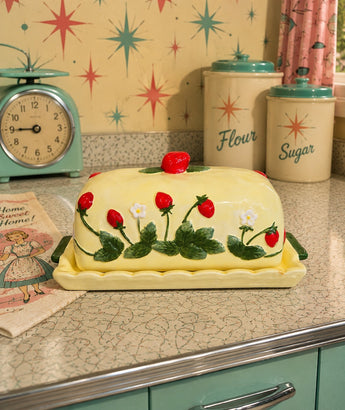 New Ceramic Yellow Retro Strawberry Cottage Flowers Kitchen Butter Dish