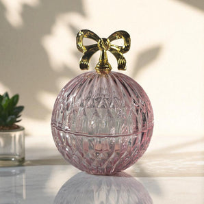 New Shabby Chic Pink Etched Glass Girly Round Bow Storage Jewelry Box